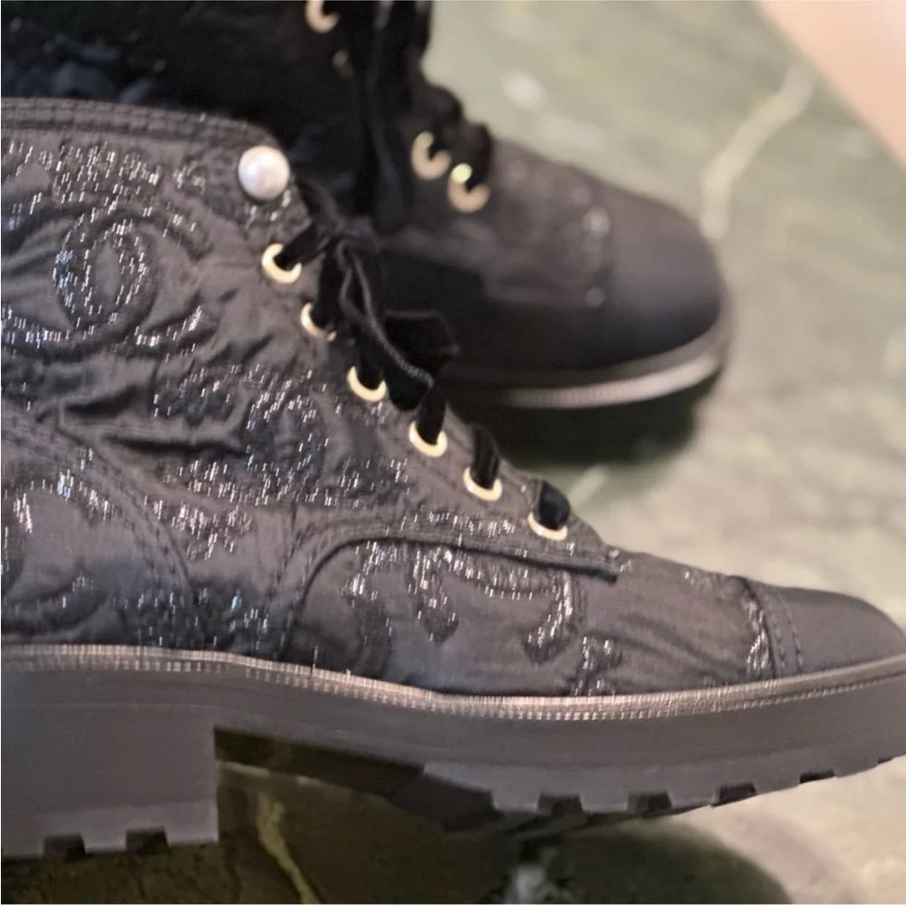 Chanel black shimmer logo pearl lace-up boots. New in the box. - Picture 4 of 8